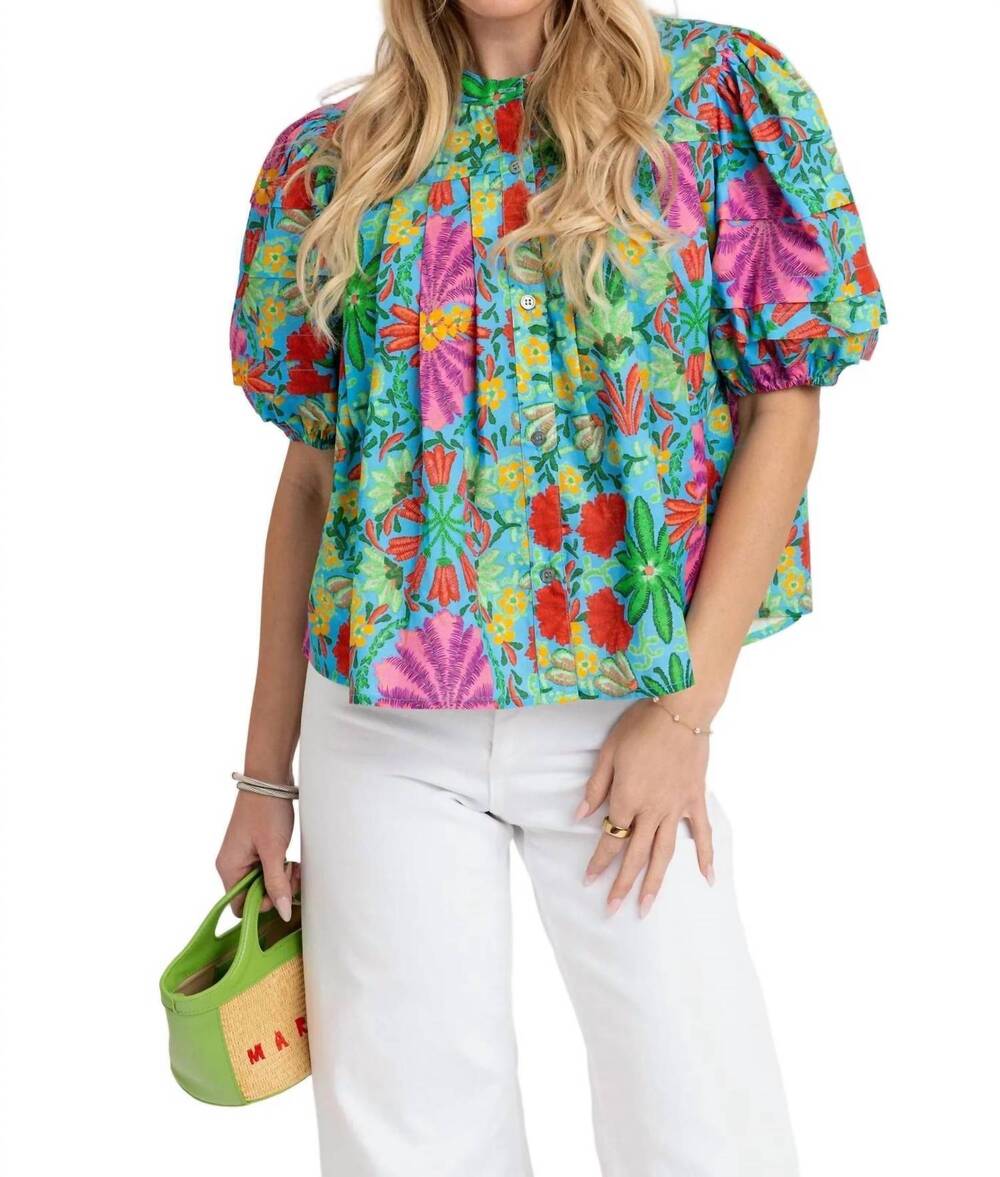 NEW KARLIE bright floral puff sleeve blouse in blue